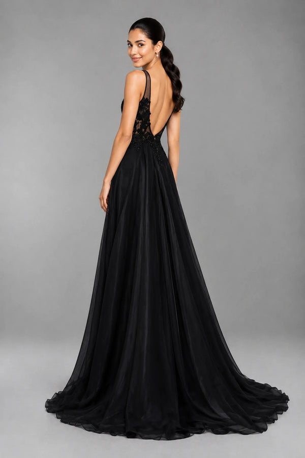 Open-Back Lace and Tulle A-Line Evening Dress