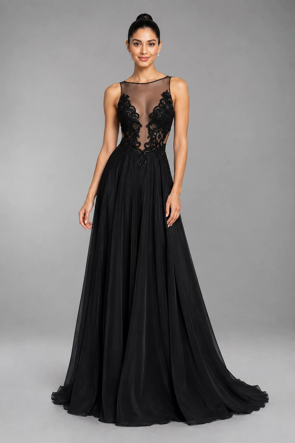 Black Open-Back Lace and Tulle A-Line Evening Dress