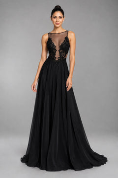 Open-Back Lace and Tulle A-Line Evening Dress