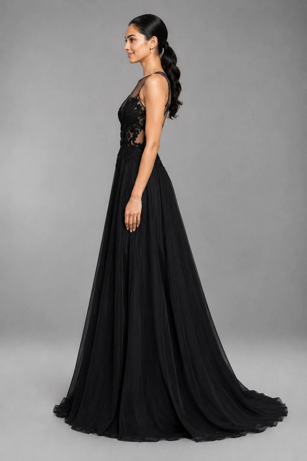 Black Open-Back Lace and Tulle A-Line Evening Dress