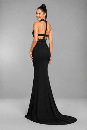 Black High-Neck Lace and Matte Satin Mermaid Evening Dress