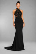 Black High-Neck Lace and Matte Satin Mermaid Evening Dress
