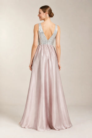 V-Back Sequin-Bodice Stretch Satin A-Line Prom Dress with Slit