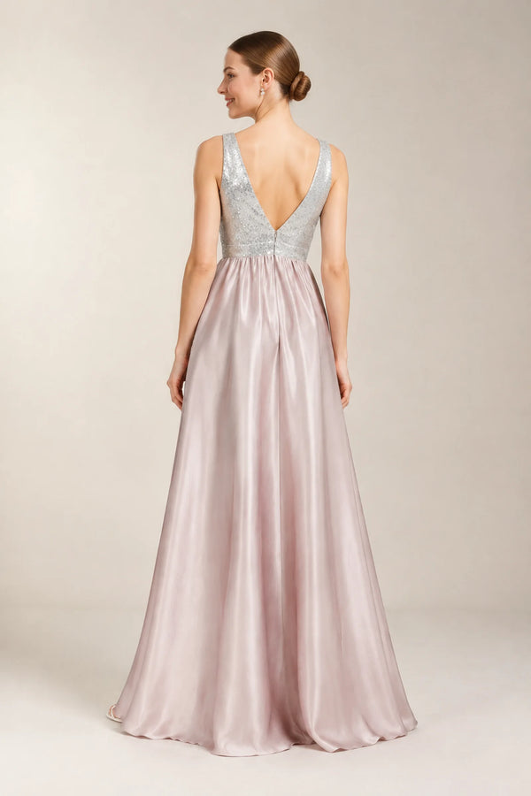 V-Back Sequin-Bodice Stretch Satin A-Line Prom Dress with Slit