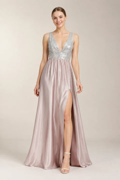 V-Back Sequin-Bodice Stretch Satin A-Line Prom Dress with Slit