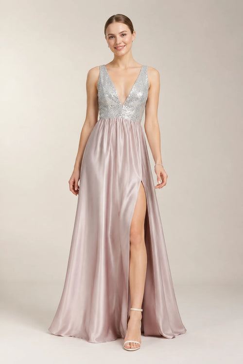 V-Back Sequin-Bodice Stretch Satin A-Line Prom Dress with Slit
