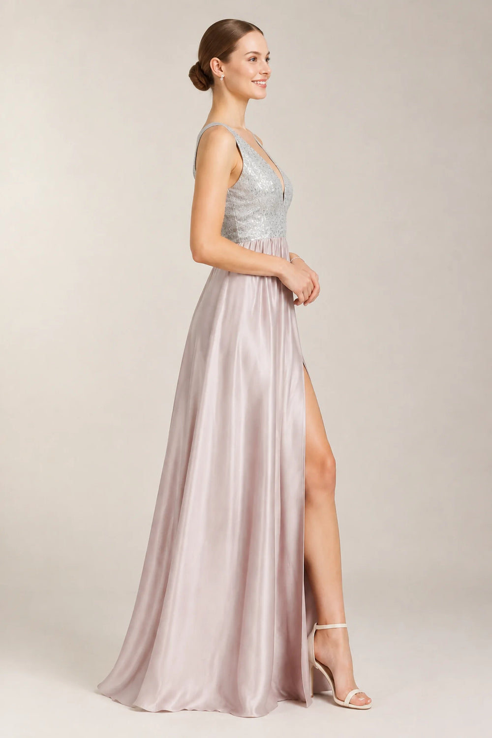 Pink and Silver V-Back Sequin-Bodice Stretch Satin A-Line Prom Dress with Slit