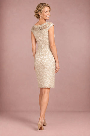 Champagne Cap-Sleeve Illusion-Neck Lace Sheath Mother of the Bride Dress