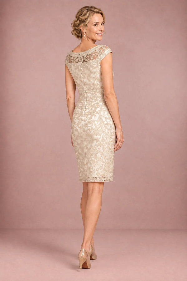 Champagne Cap-Sleeve Illusion-Neck Lace Sheath Mother of the Bride Dress