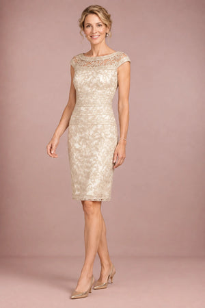 Champagne Cap-Sleeve Illusion-Neck Lace Sheath Mother of the Bride Dress
