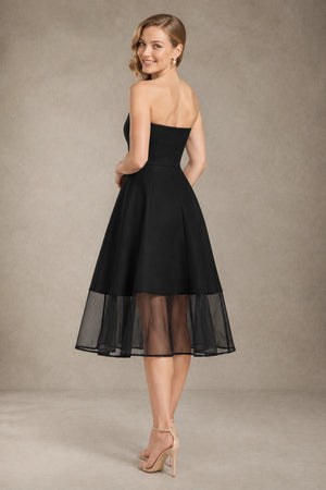 Black Short Strapless A-Line Cocktail Dress with Sheer Tulle Hem