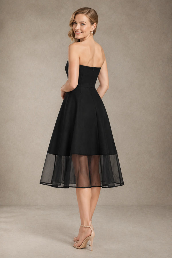 Black Short Strapless A-Line Cocktail Dress with Sheer Tulle Hem