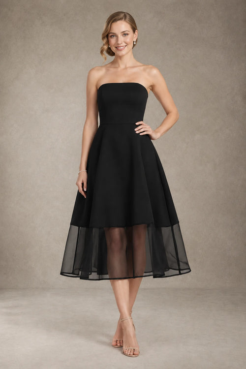 Black Short Strapless A-Line Cocktail Dress with Sheer Tulle Hem