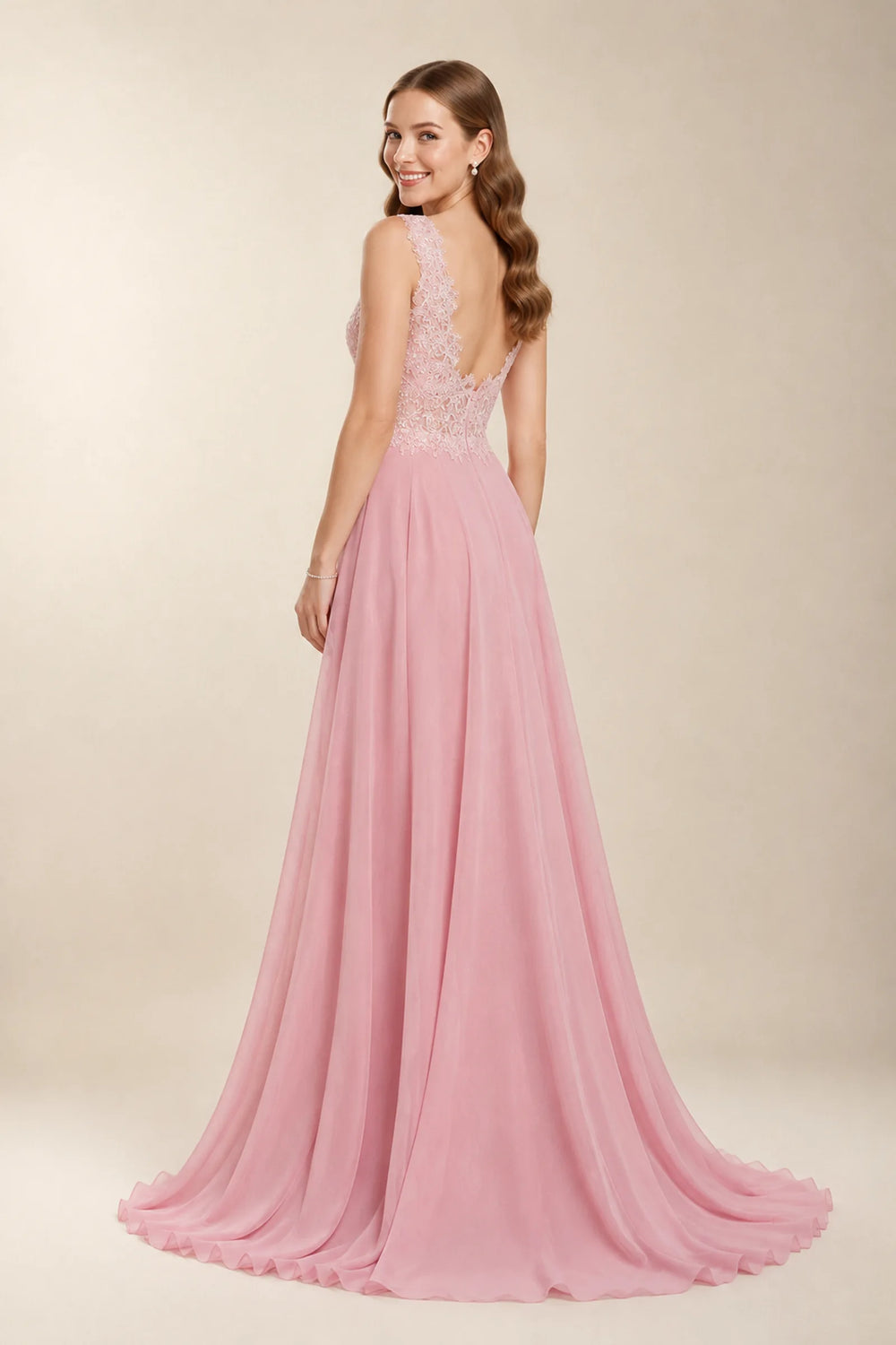 Pink Open-Back Lace and Chiffon A-Line Prom Dress with High Slit