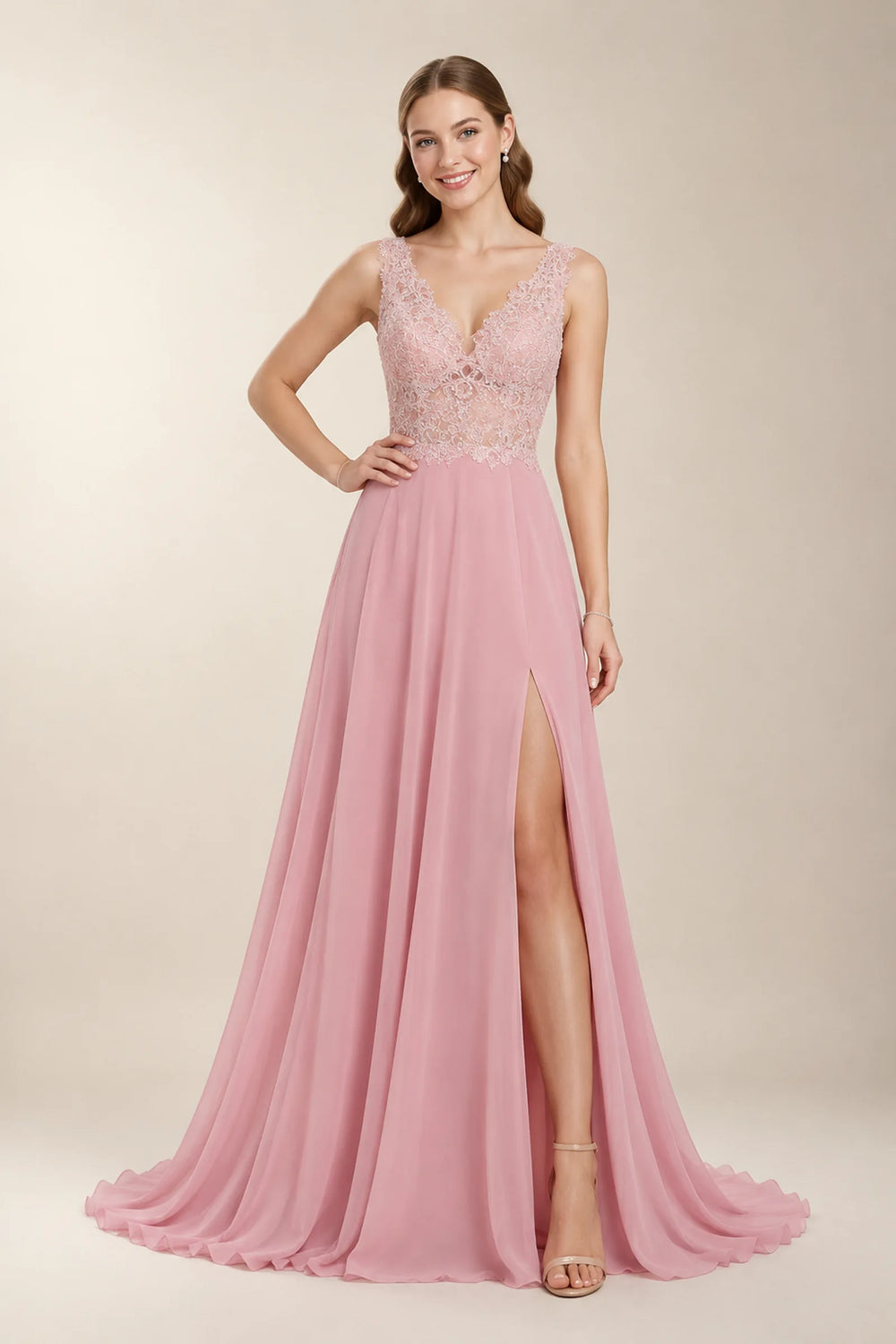 Pink Open-Back Lace and Chiffon A-Line Prom Dress with High Slit