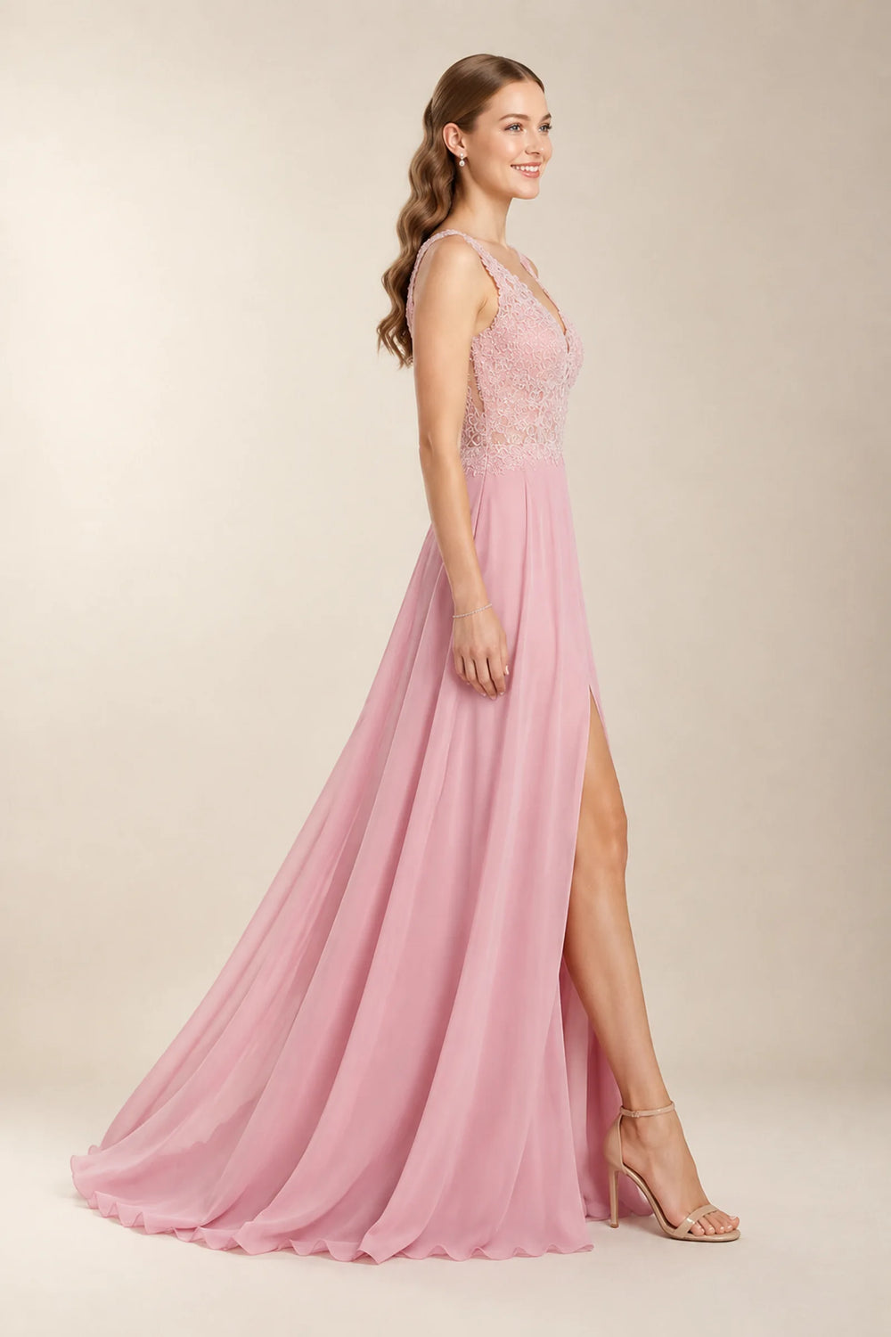 Pink Open-Back Lace and Chiffon A-Line Prom Dress with High Slit