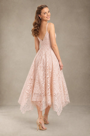 Plunging Lace A-Line Bridesmaid Dress with Handkerchief Hem