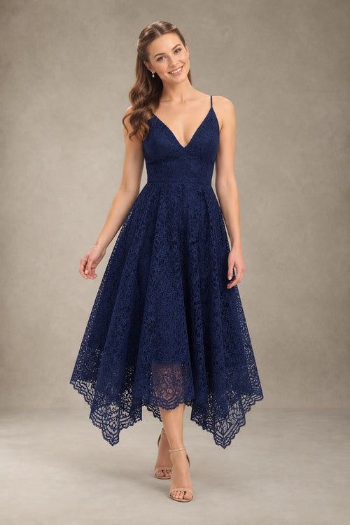 Plunging Lace A-Line Bridesmaid Dress with Handkerchief Hem