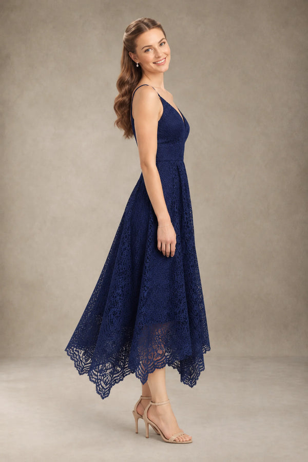 Plunging Lace A-Line Bridesmaid Dress with Handkerchief Hem