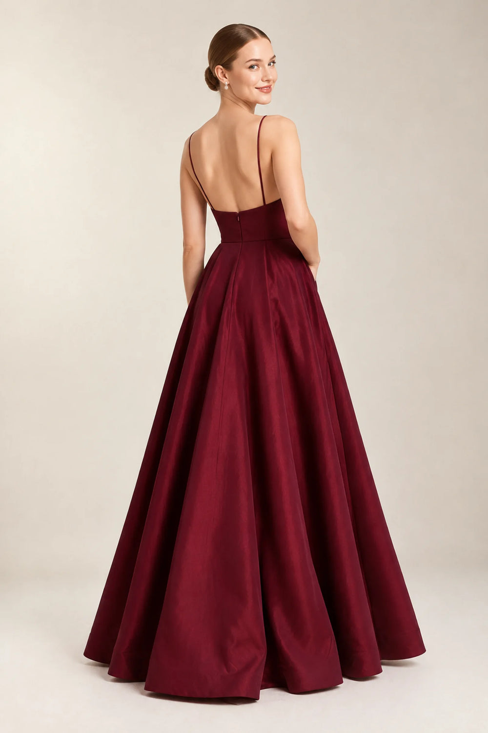 Burgundy Low-Back Plunging Satin A-Line Prom Dress with Pockets