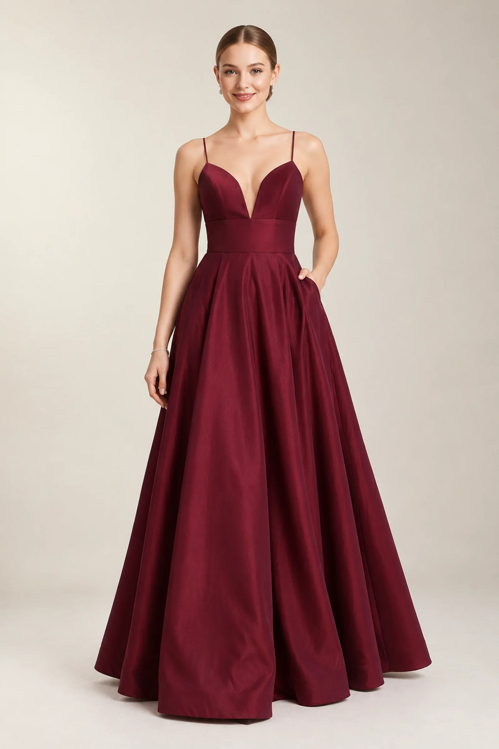 Burgundy Low-Back Plunging Satin A-Line Prom Dress with Pockets