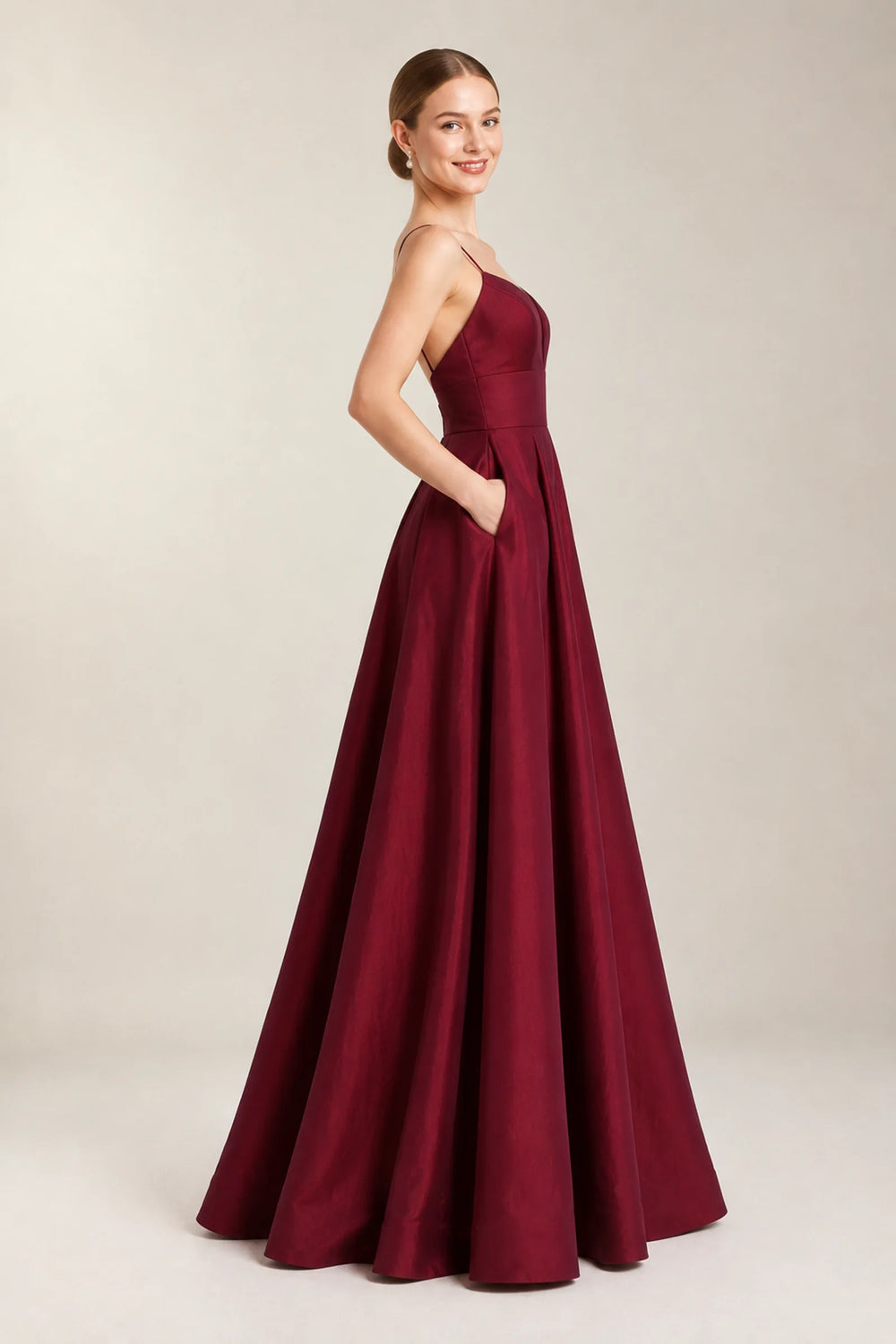 Burgundy Low-Back Plunging Satin A-Line Prom Dress with Pockets