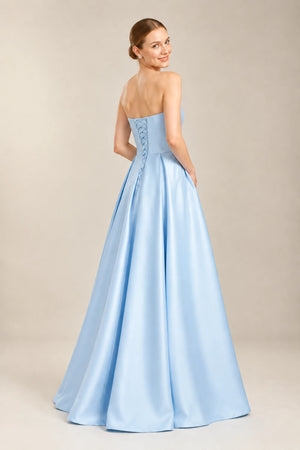 Sky Blue Pleated Satin A-Line Prom Dress with Beaded Pockets