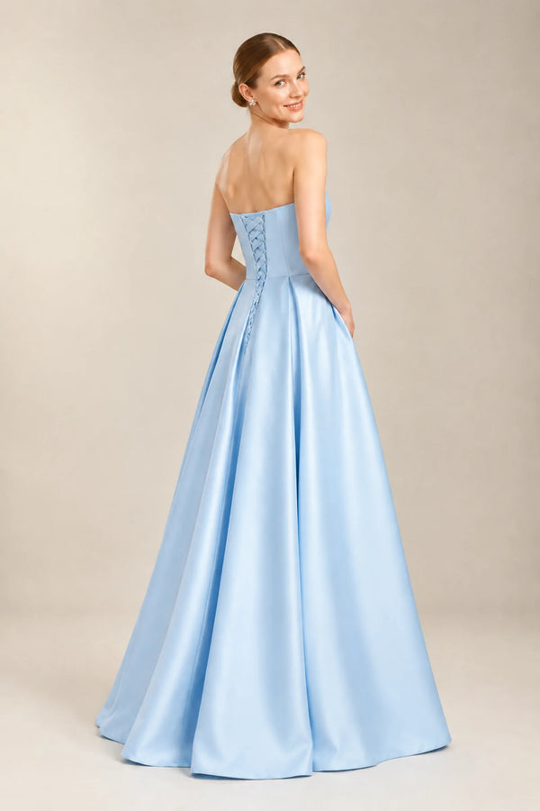Sky Blue Pleated Satin A-Line Prom Dress with Beaded Pockets