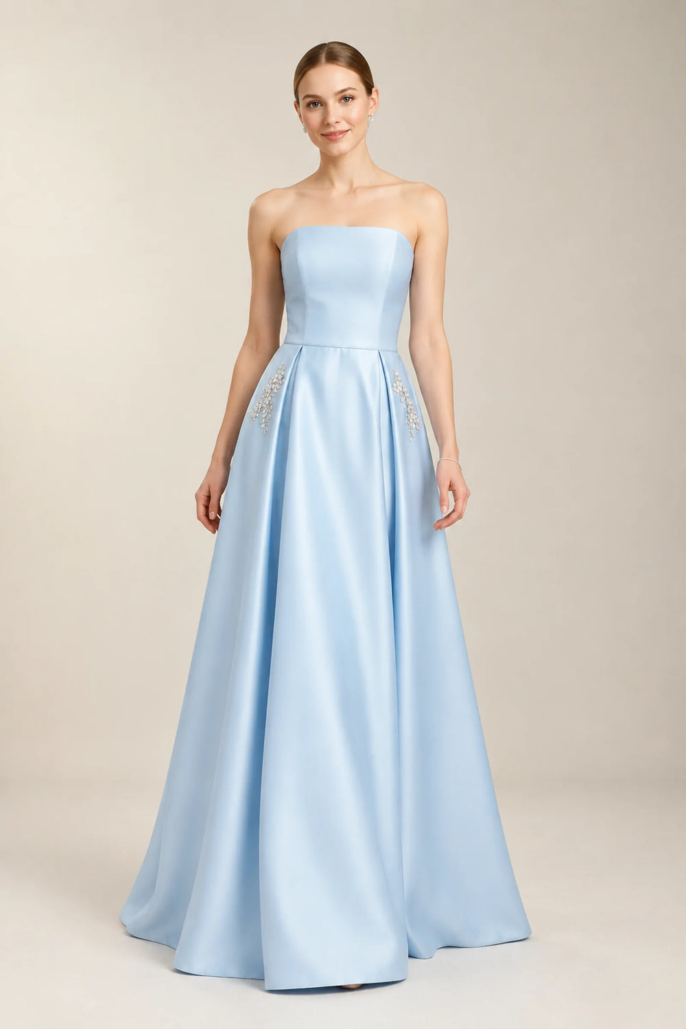 Sky Blue Pleated Satin A-Line Prom Dress with Beaded Pockets