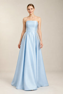 Sky Blue Pleated Satin A-Line Prom Dress with Beaded Pockets