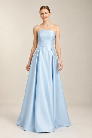 Sky Blue Pleated Satin A-Line Prom Dress with Beaded Pockets