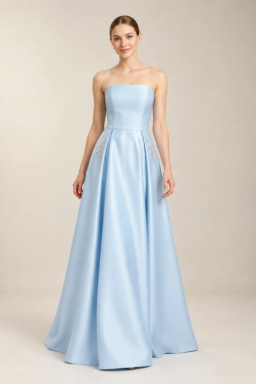 Sky Blue Pleated Satin A-Line Prom Dress with Beaded Pockets