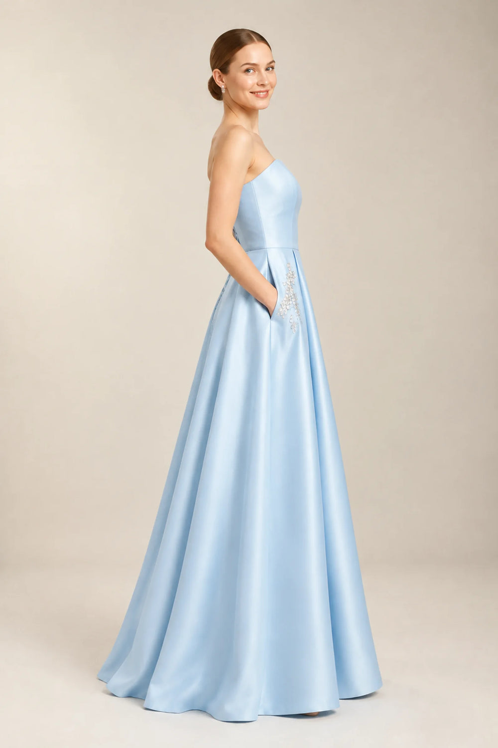 Sky Blue Pleated Satin A-Line Prom Dress with Beaded Pockets