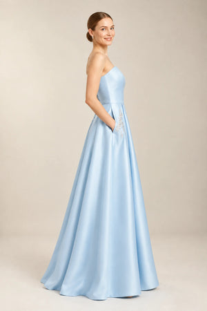 Sky Blue Pleated Satin A-Line Prom Dress with Beaded Pockets