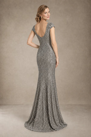 Silver Sequin Mermaid Evening Dress with Low Back