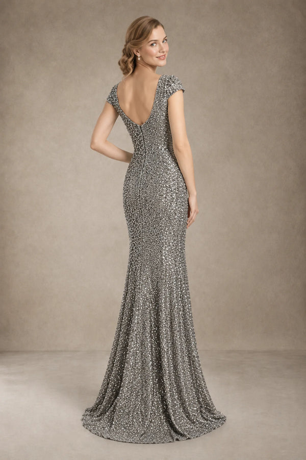 Silver Sequin Mermaid Evening Dress with Low Back