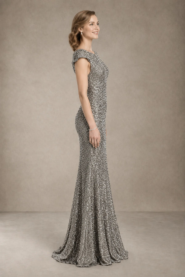 Silver Sequin Mermaid Evening Dress with Low Back