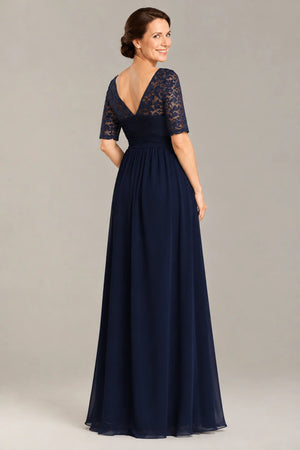 Dark Navy Half-Sleeve Tulle A-Line Mother of the Bride Dress with Bow Waist