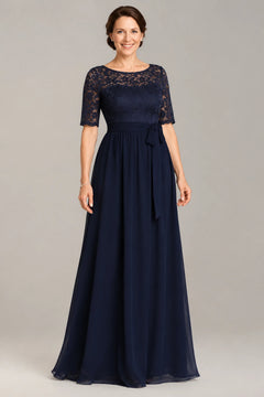 Dark Navy Half-Sleeve Tulle A-Line Mother of the Bride Dress with Bow Waist