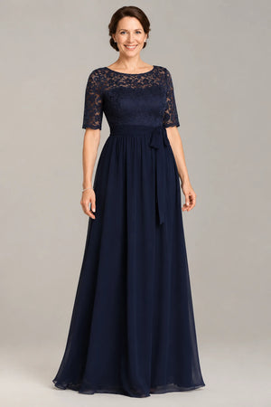 Dark Navy Half-Sleeve Tulle A-Line Mother of the Bride Dress with Bow Waist