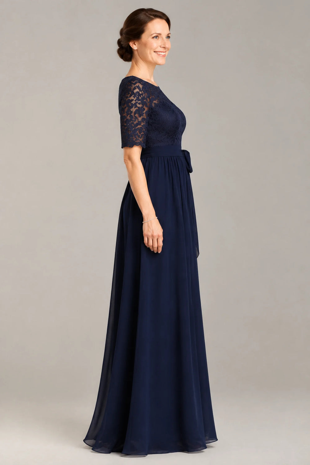 Dark Navy Half-Sleeve Tulle A-Line Mother of the Bride Dress with Bow Waist