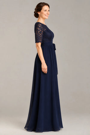 Dark Navy Half-Sleeve Tulle A-Line Mother of the Bride Dress with Bow Waist
