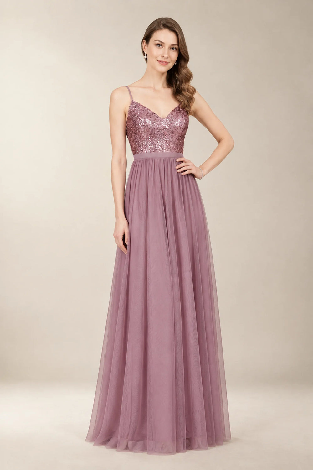 Purple Strappy Sequin and Tulle A-Line Bridesmaid Dress