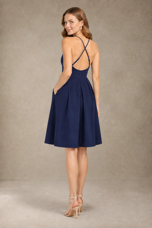 Navy Crisscross-Back Pleated Stretch Satin Cocktail Dress with Pockets
