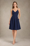 Navy Crisscross-Back Pleated Stretch Satin Cocktail Dress with Pockets