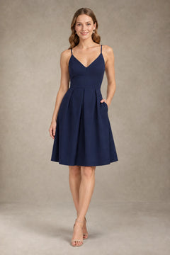 Navy Crisscross-Back Pleated Stretch Satin Cocktail Dress with Pockets