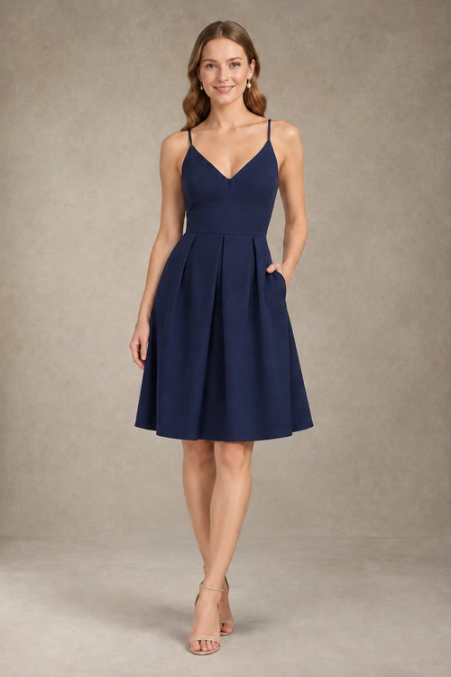Navy Crisscross-Back Pleated Stretch Satin Cocktail Dress with Pockets