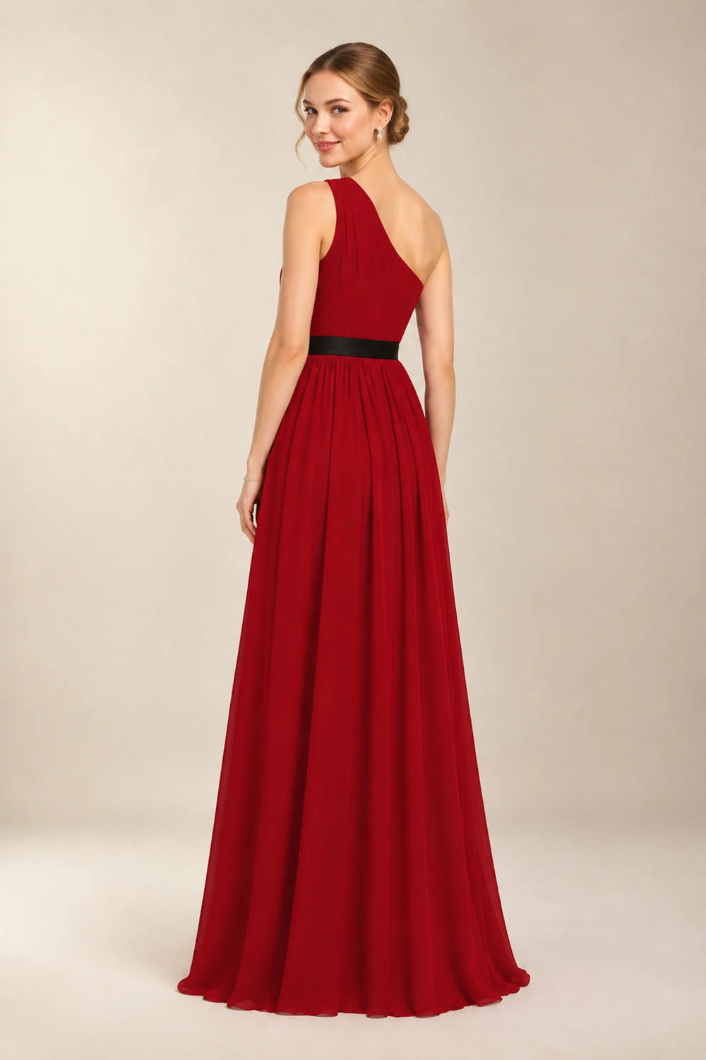 Burgundy One-Shoulder Chiffon A-Line Evening Dress with Floral Waist Detail
