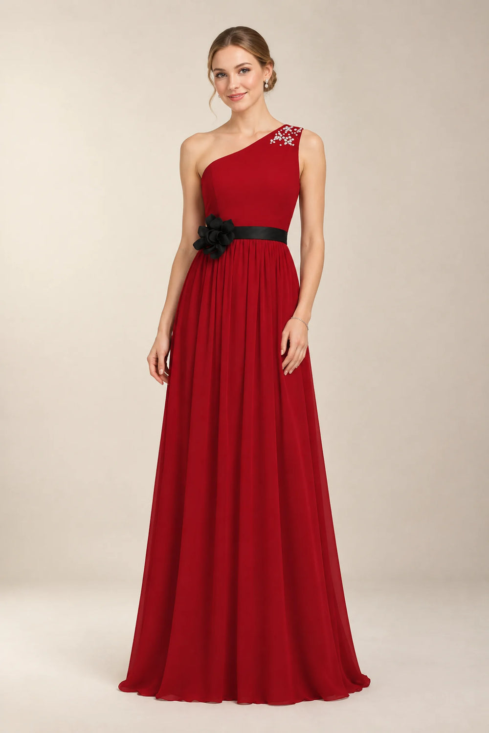 Burgundy One-Shoulder Chiffon A-Line Evening Dress with Floral Waist Detail