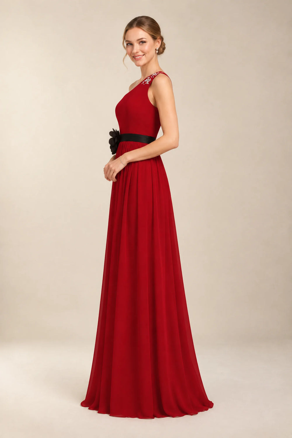 Burgundy One-Shoulder Chiffon A-Line Evening Dress with Floral Waist Detail